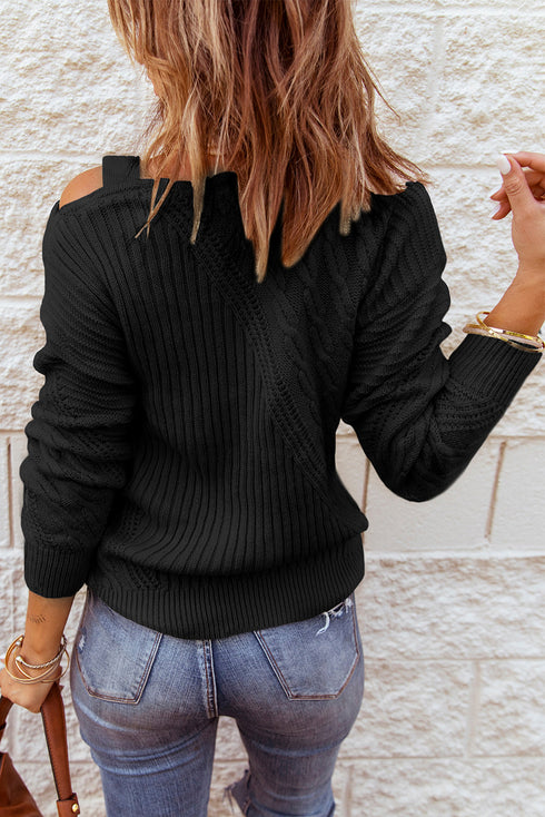 Strapped Cut Out Shoulder Turtleneck Sweater